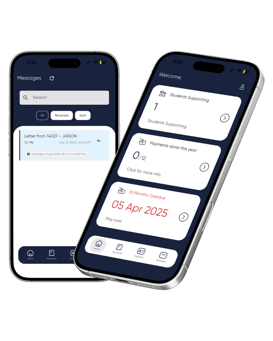 OCS app on iPhone – Home dashboard and Messages